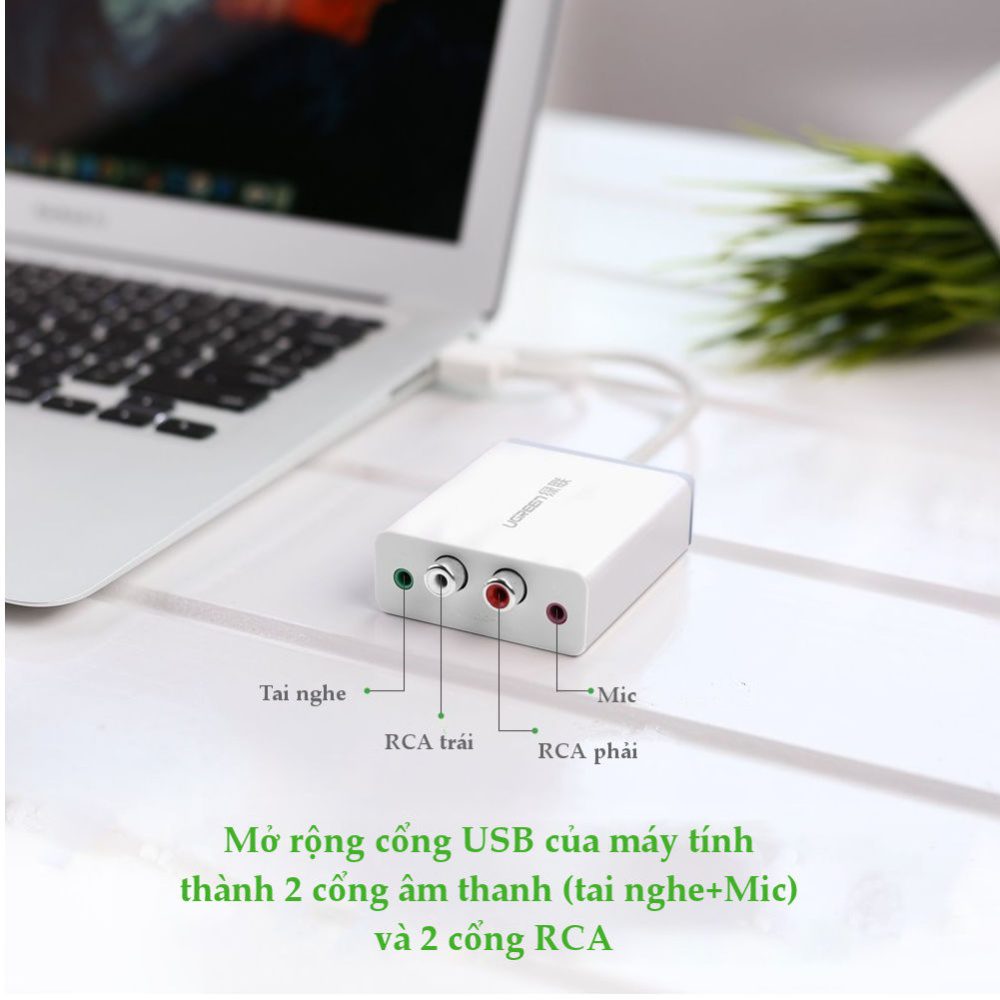 Bộ chuyển âm thanh USB ra 2 đầu 3.5mm (tai nghe+Mic) và 2 đầu hoa sen (RCA) dài 1M UGREEN 30521