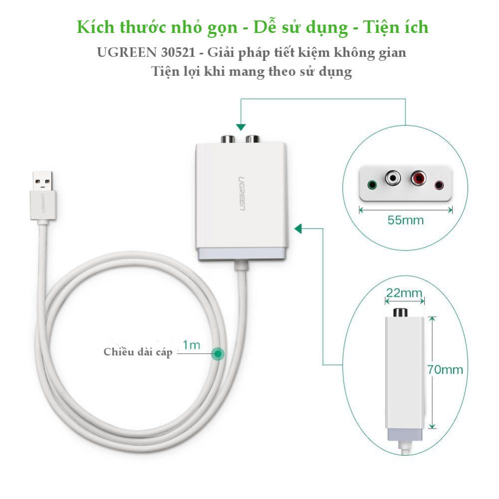 Bộ chuyển âm thanh USB ra 2 đầu 3.5mm (tai nghe+Mic) và 2 đầu hoa sen (RCA) dài 1M UGREEN 30521