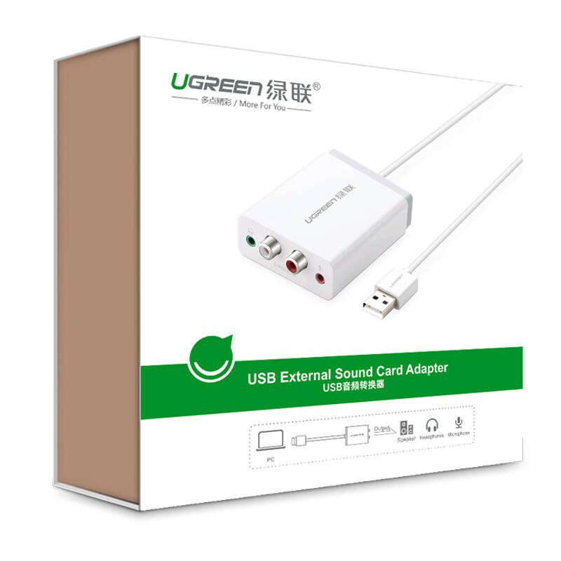 Bộ chuyển âm thanh USB ra 2 đầu 3.5mm (tai nghe+Mic) và 2 đầu hoa sen (RCA) dài 1M UGREEN 30521