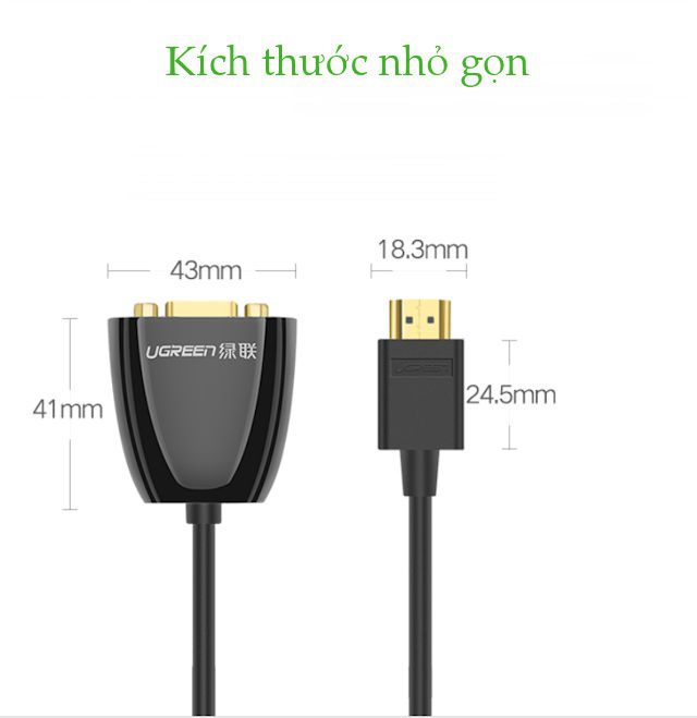 Bộ chuyển đổi HDMI sang VGA UGREEN MM102 Không có Audio, độ phân giải 1920*1080 60Hz (Max) dài 16cm