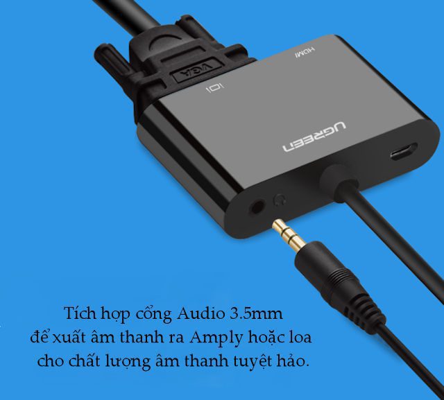 Bộ chuyển đổi HDMI UGREEN CM101 Chuyển sang HDMI/VGA (hỗ trợ nguồn 5V + Audio 3.5mm) dài 30cm