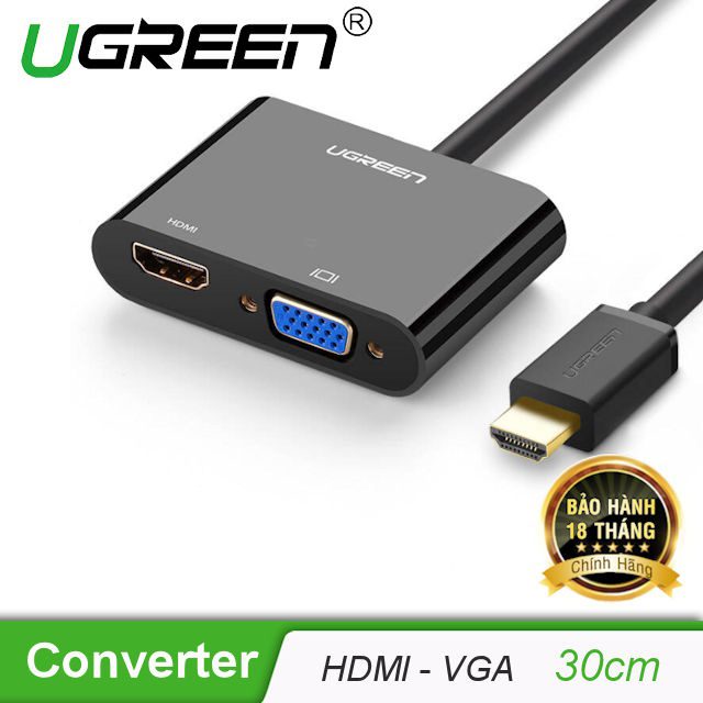 Bộ chuyển đổi HDMI UGREEN CM101 Chuyển sang HDMI/VGA (hỗ trợ nguồn 5V + Audio 3.5mm) dài 30cm