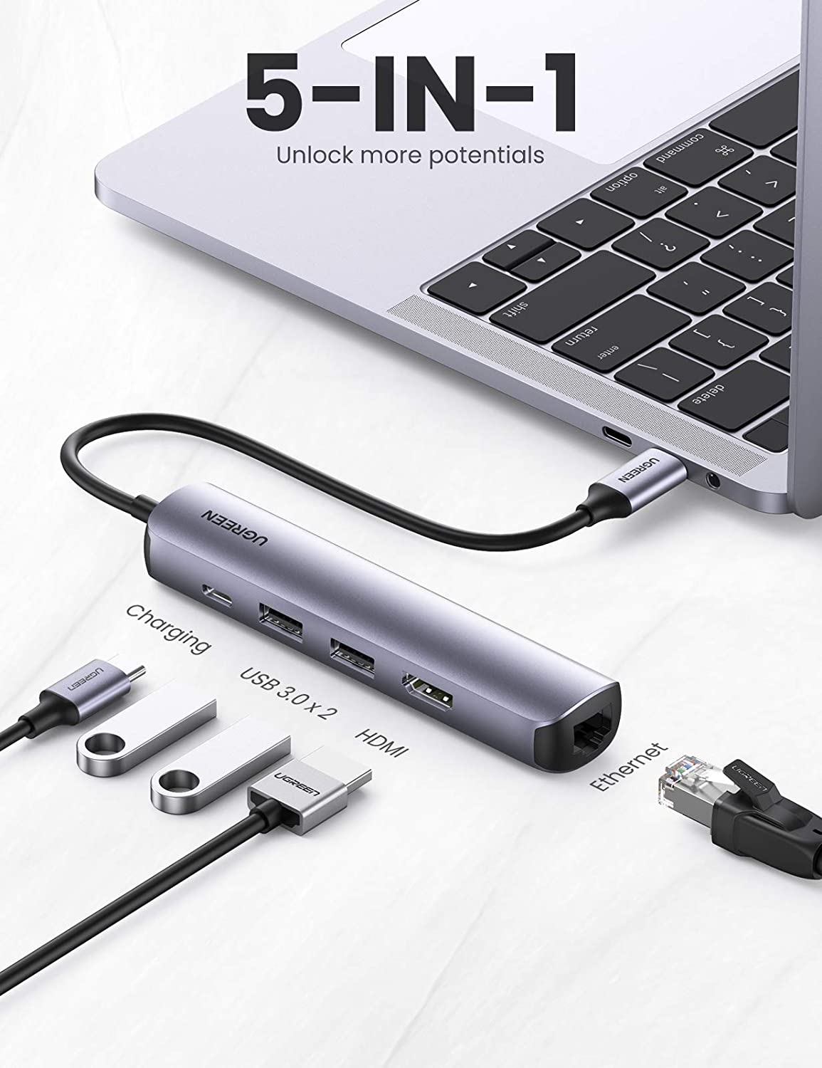 Bộ chuyển đổi Type C UGREEN 10919 - Type C sang HDMI, USB 3.0, Lan Gigabit và PD 100W - Hỗ trợ phân giải 4K*2K@30Hz, Tốc độ truyền 5Gbps