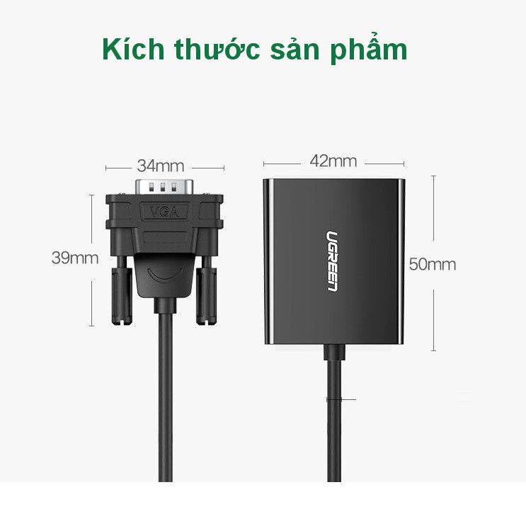 Bộ chuyển đổi VGA sang HDMI + Audio 3.5mm UGREEN 60814 Hỗ trợ phân giải Full HD 1080p@60HZ - Cổng nguồn Micro USB 5V - Bảo hành 18 tháng