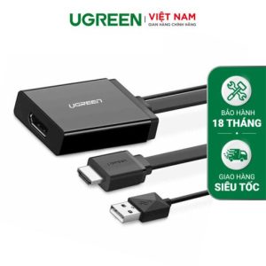 Cáp chuyển đổi HDMI đầu đực + USB 2.0 đầu đực (hỗ trợ nguồn) sang Displayport đầu cái hỗ trợ 4K dạng cáp dẹt dài 50cm UGREEN MM107 40238 (