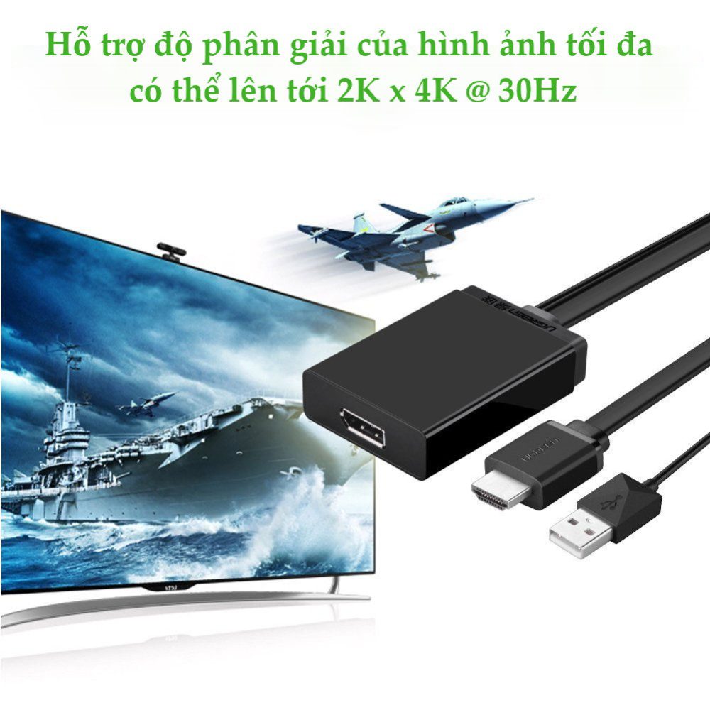 Cáp chuyển đổi HDMI đầu đực + USB 2.0 đầu đực (hỗ trợ nguồn) sang Displayport đầu cái hỗ trợ 4K dạng cáp dẹt dài 50cm UGREEN MM107 40238 (