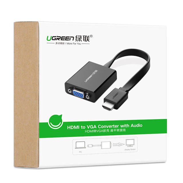 Cáp chuyển đổi HDMI sang VGA UGREEN MM103 dây dẹt tích hợp cổng Audio 3.5mm + Micro USB hỗ trợ nguồn ngoài