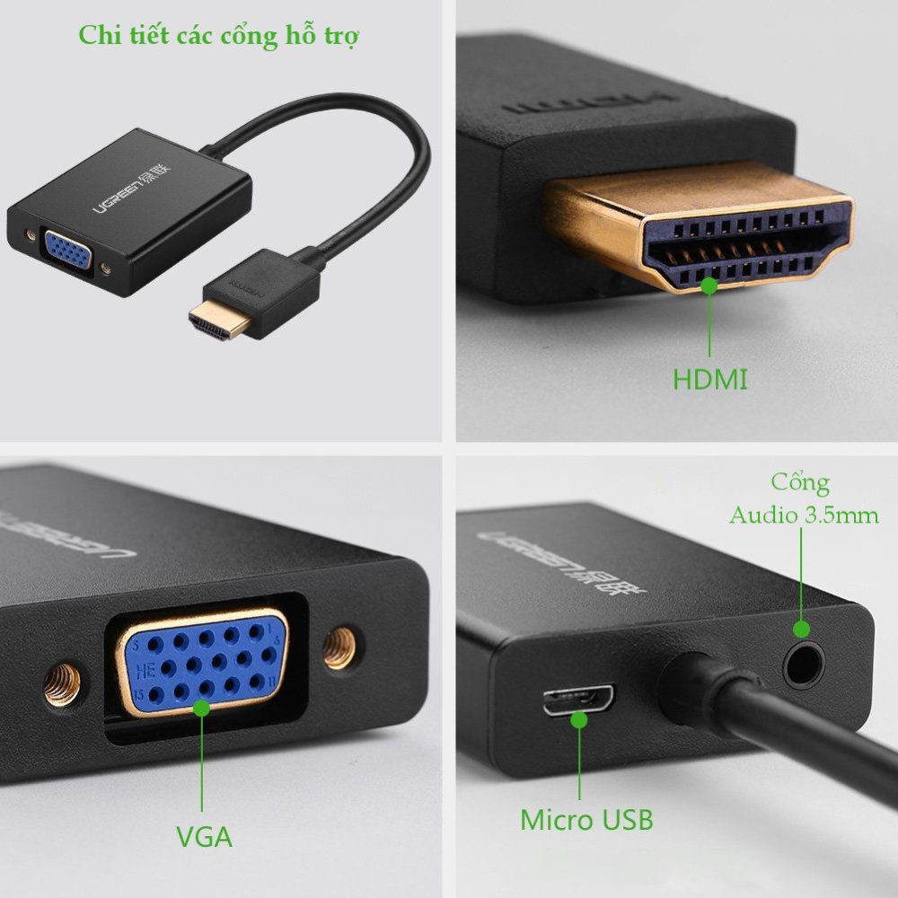 Cáp chuyển đổi HDMI sang VGA+3.5mm Audio+nguồn micro USB dài 15CM UGREEN MM102 40233