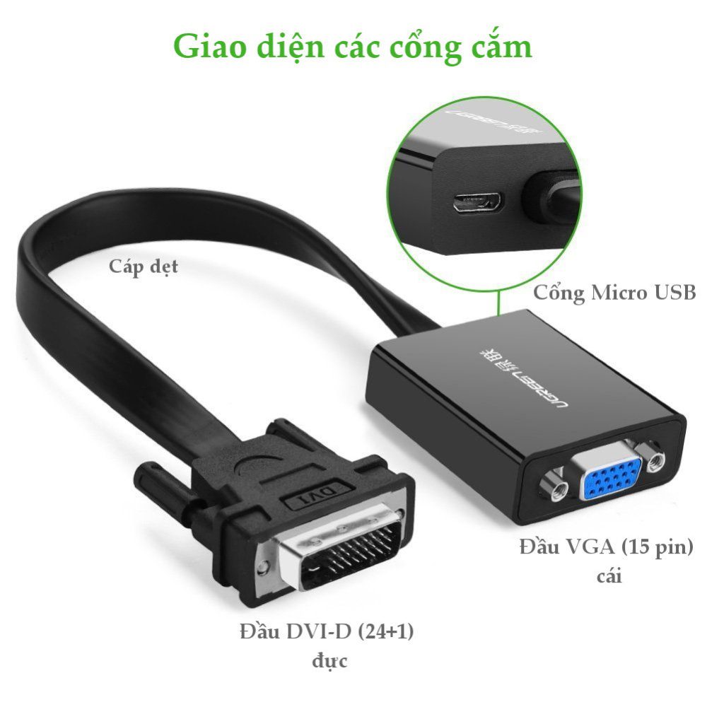 Cáp chuyển tín hiệu DVI-D (24+1) sang VGA ACTIVE (15 pin) dài 20CM UGREEN 40259 (màu đen)