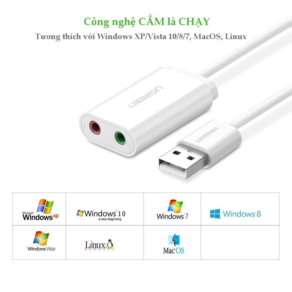 Dây USB 2.0 mở rộng sang đồng thời 2 cổng 3.5mm cho tai nghe + mic không cần driver UGREEN US205