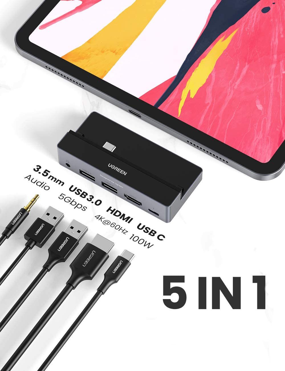 Hub chuyển đổi iPad Pro UGREEN 70688 - Mở rộng cổng 3.5mm, HDMI, USB 3.0 , PD100W - Tương thích iPad Pro 2018 2020