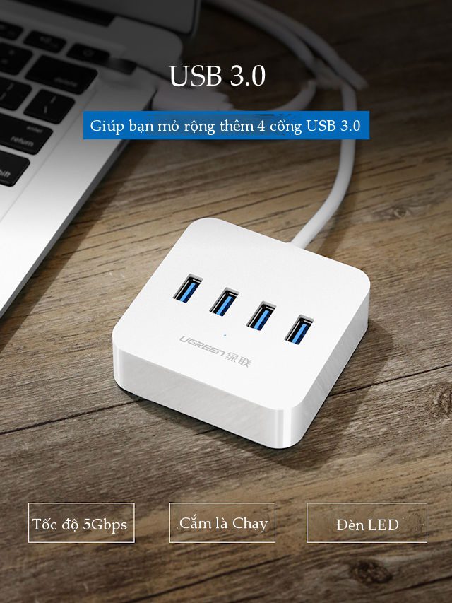 Hub USB 3.0 ra 4 cổng USB 3.0 hỗ trợ nguồn DC 5V/2A dài 0,5-1.5m UGREEN CR118