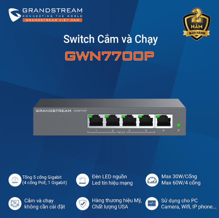 Switch 4 cổng PoE Gigabit GWN7700P